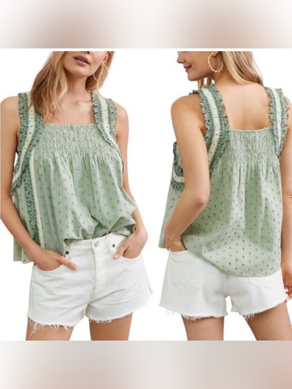 House of Harlow 1960 Smocked Eyelet Camisole Tank in Sage Green M